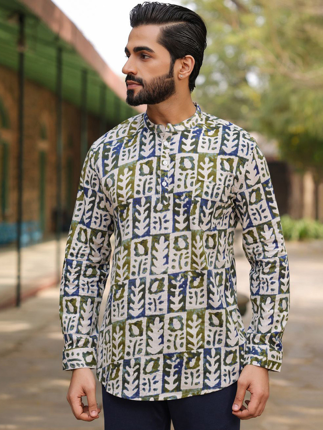 SANSKRUTIHOMES Mandarin Collar Long Sleeves Printed Summer Sheers Cotton Short Kurta