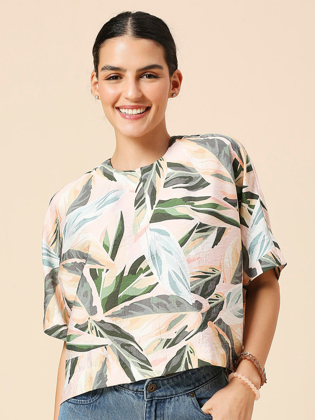 Chemistry Tropical Printed Extended Sleeves Cropped Casual Box Top