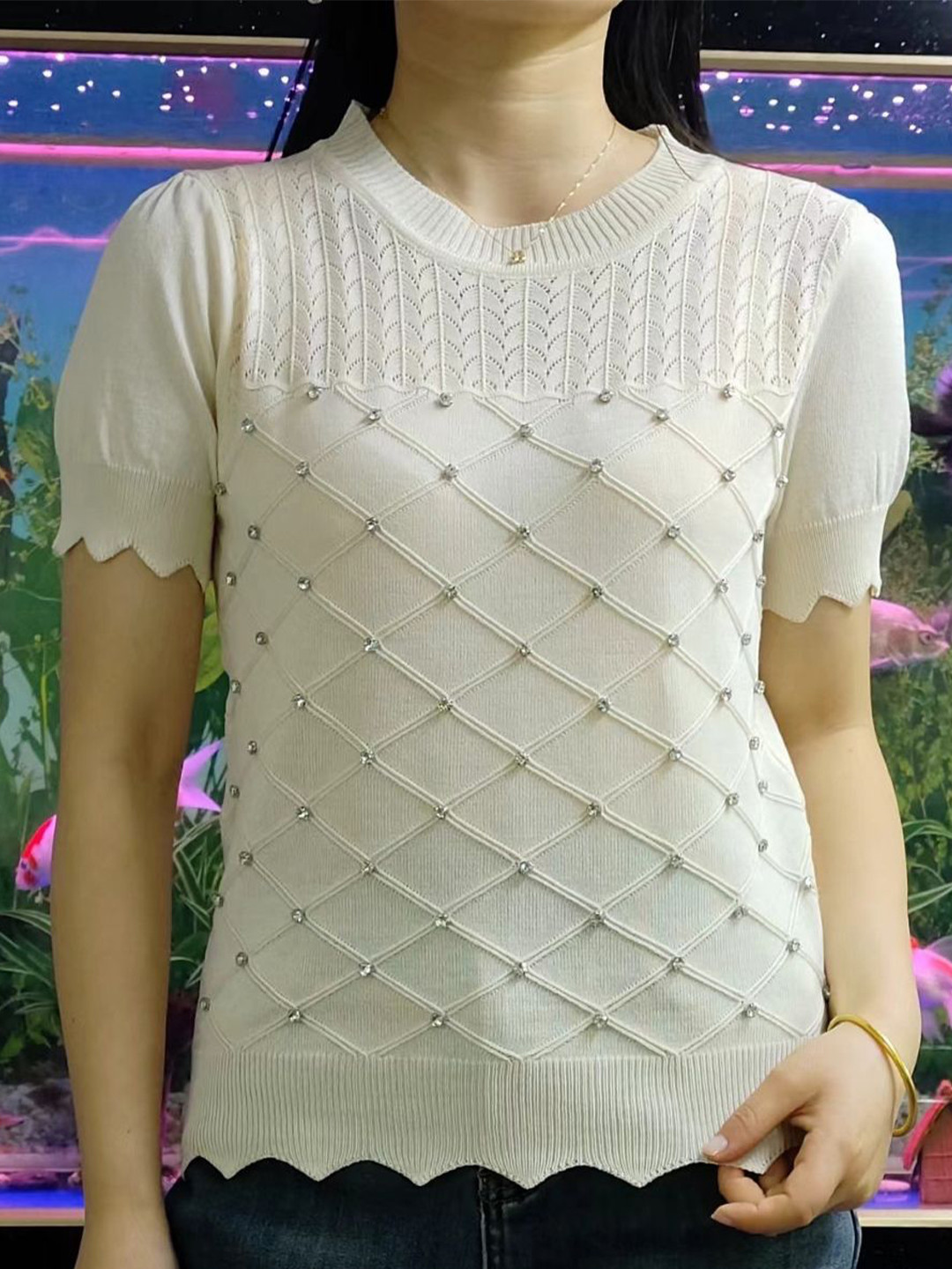 StyleCast Girls Cream Round Neck Embellished Top