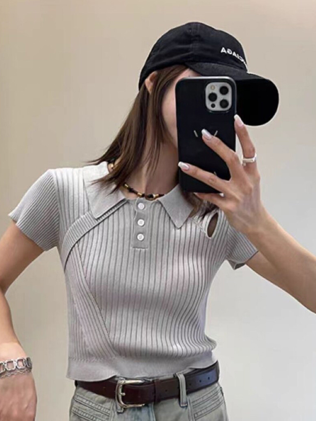 StyleCast Grey Ribbed Shirt Collar Fitted Crop Top