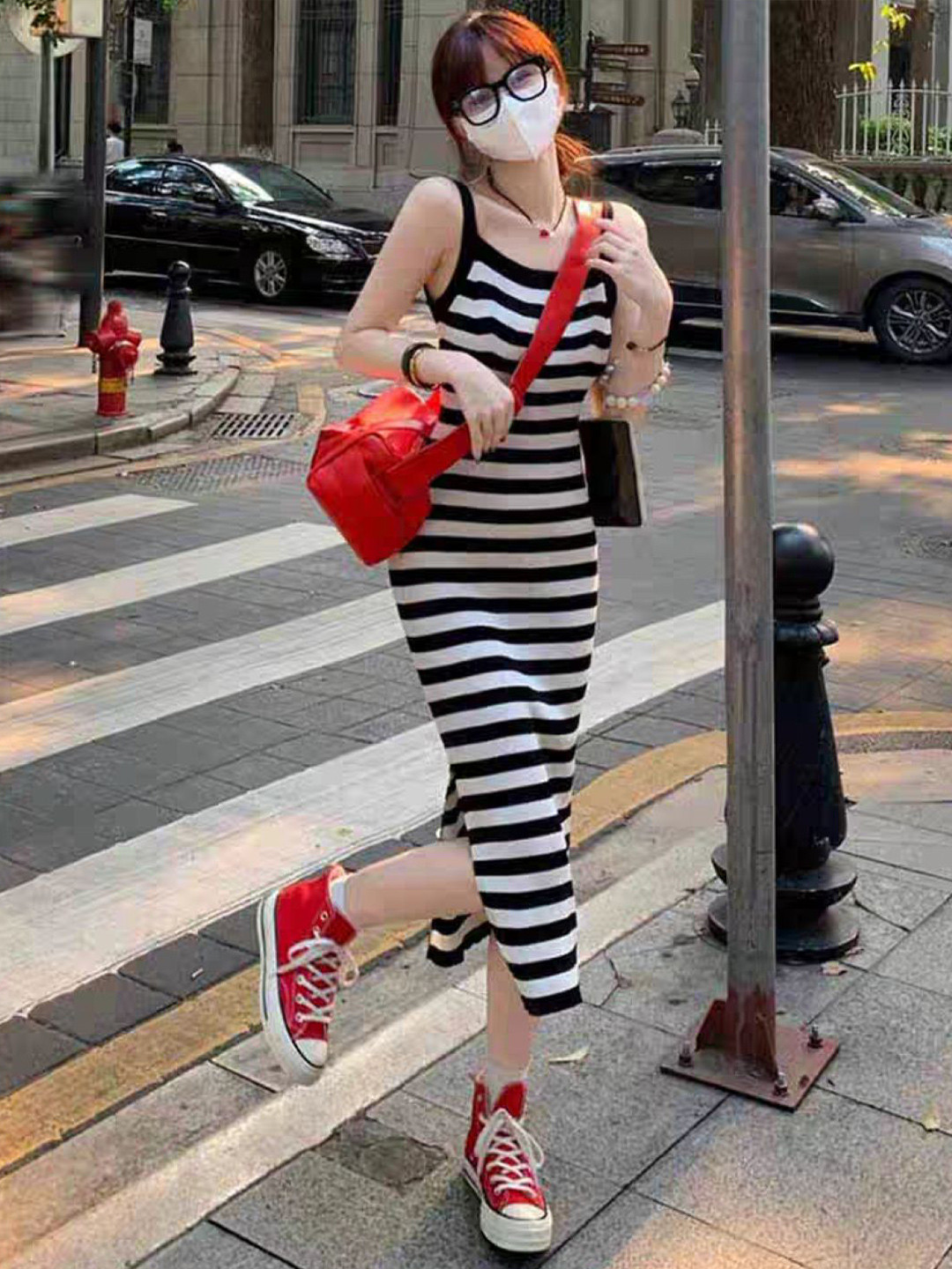 StyleCast Black & White Striped Shoulder Strap Bodycon Midi Dress