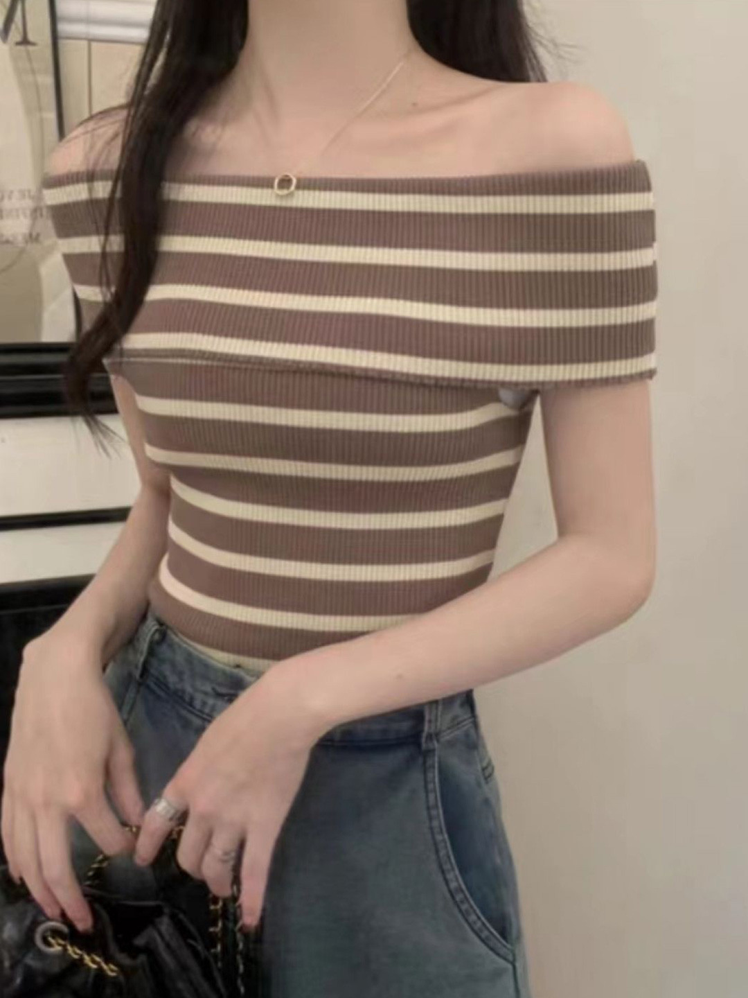 StyleCast Girls Brown Horizontal Stripes Off-Shoulder Top