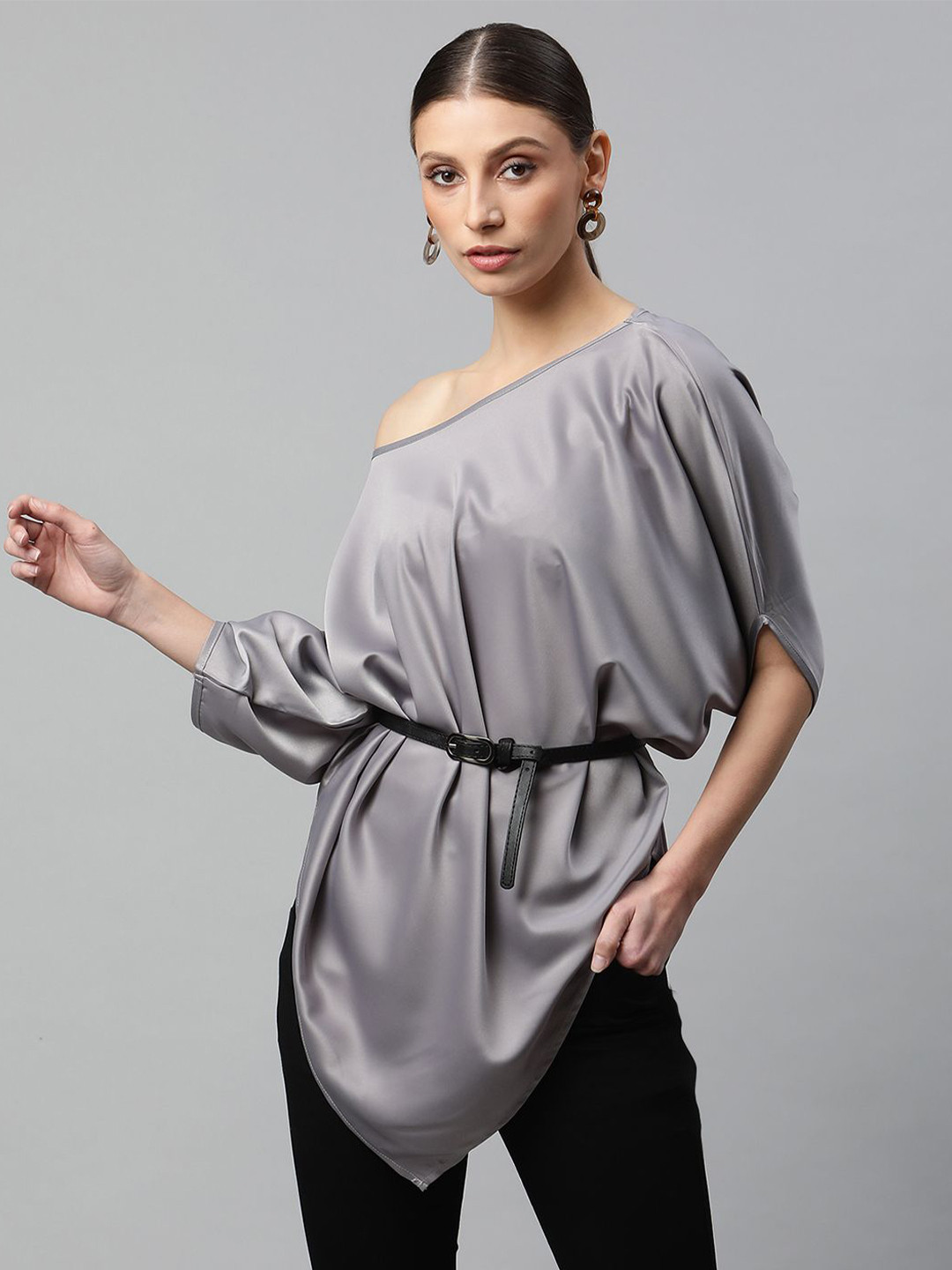 Global Republic One Shoulder Puff Sleeve Cinched Waist Top