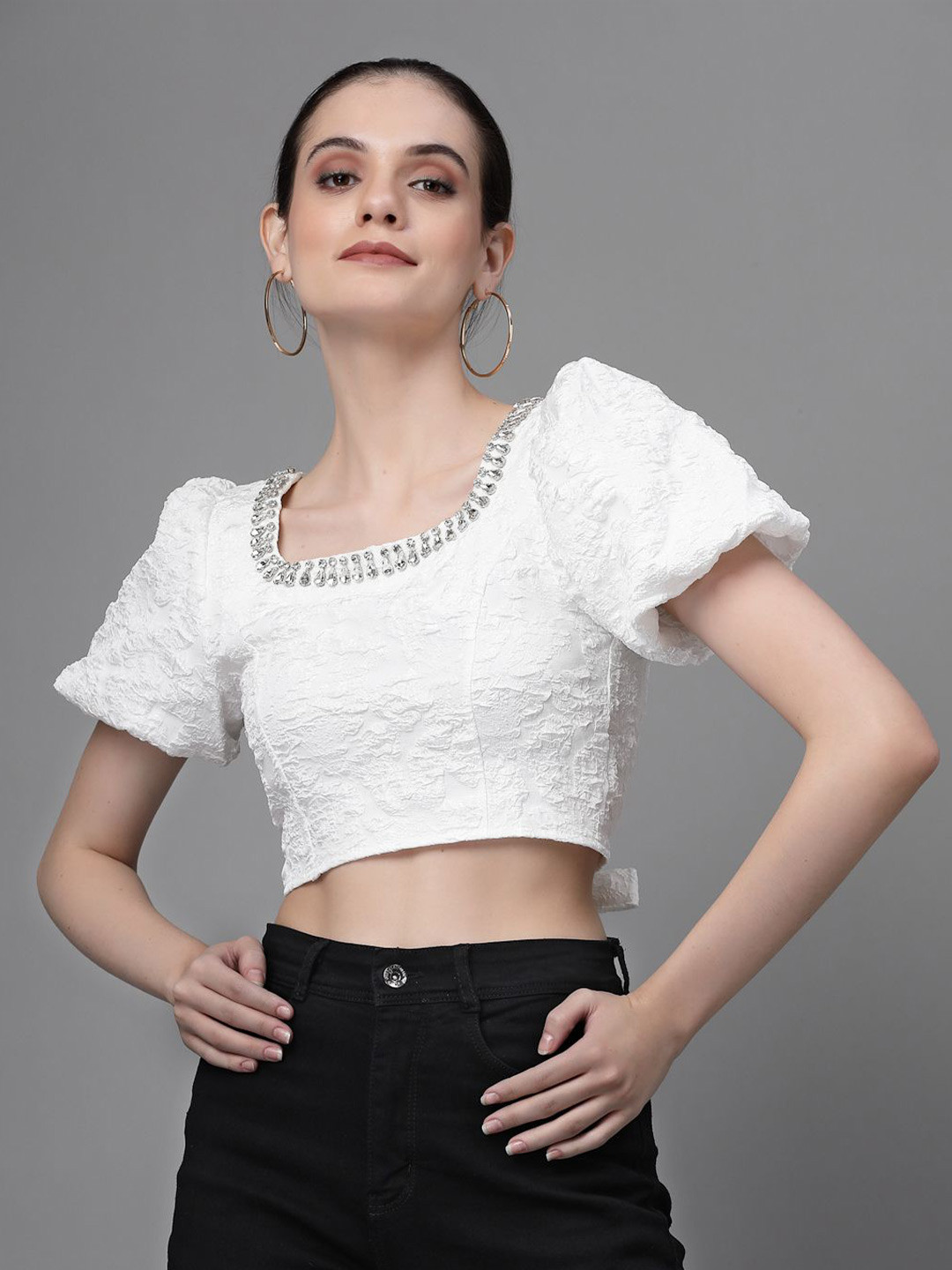 Global Republic Embellished Square Neck Puff Sleeves Crop Top