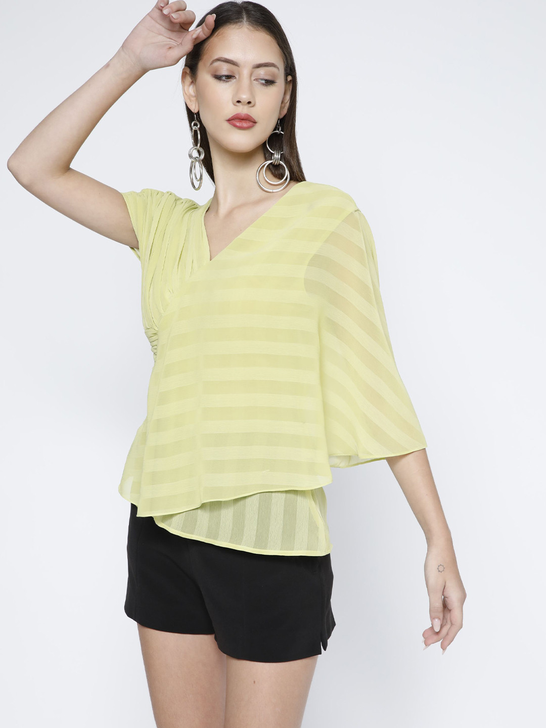 SAMMYUKK Striped Flared Sleeves Layered Chiffon Top
