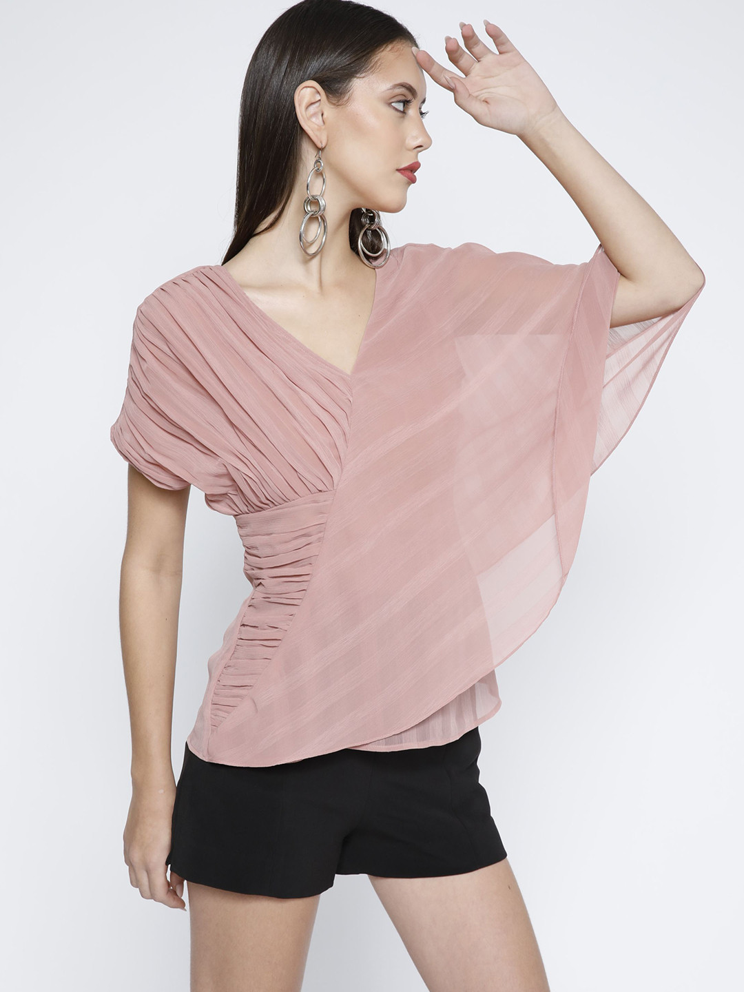 SAMMYUKK Striped Batwing Sleeves Layered Chiffon Top