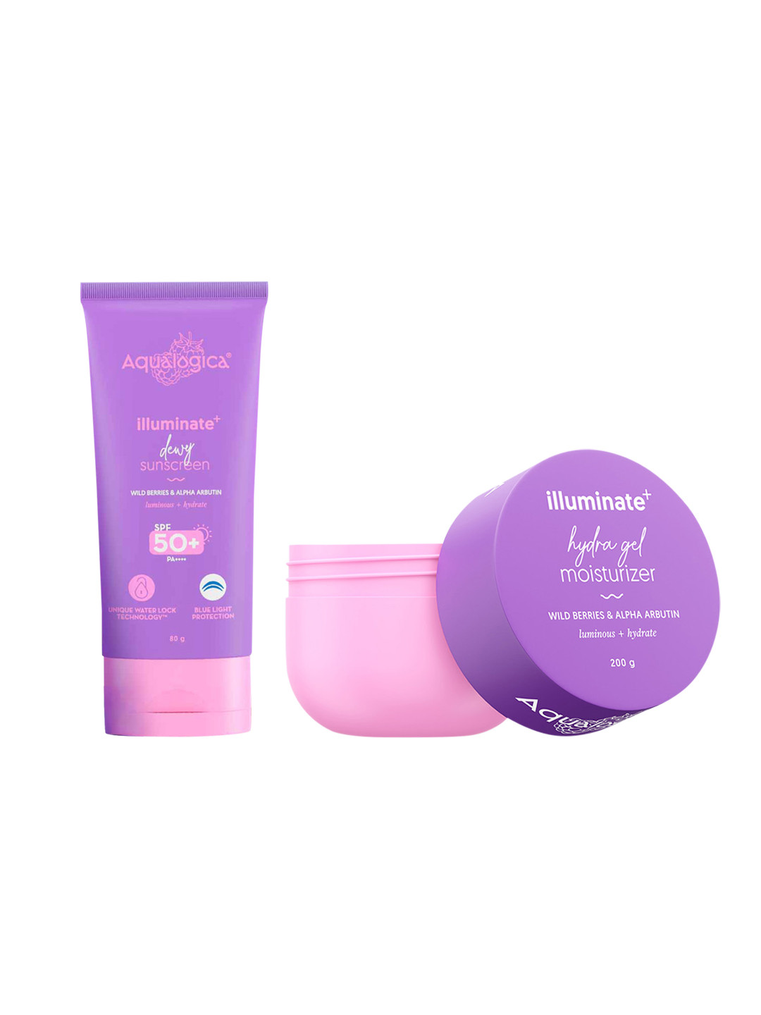Aqualogica Illuminate+ Hydra Gel Moisturizer 200g & Dewy Sunscreen SPF 50+ PA++++ 80g