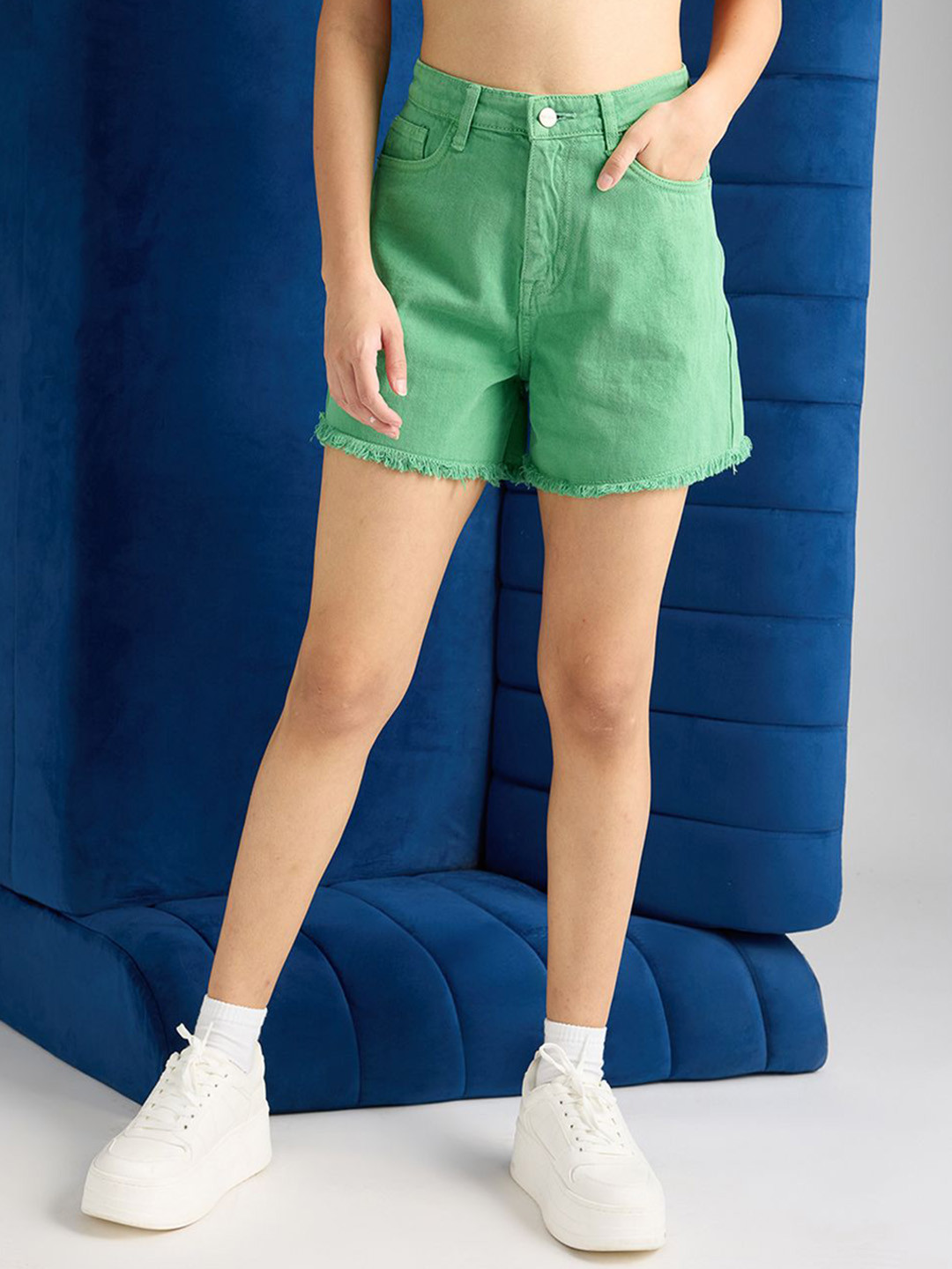 FREAKINS Women Green High-Rise Cotton Casual Raw Edge Denim Shorts