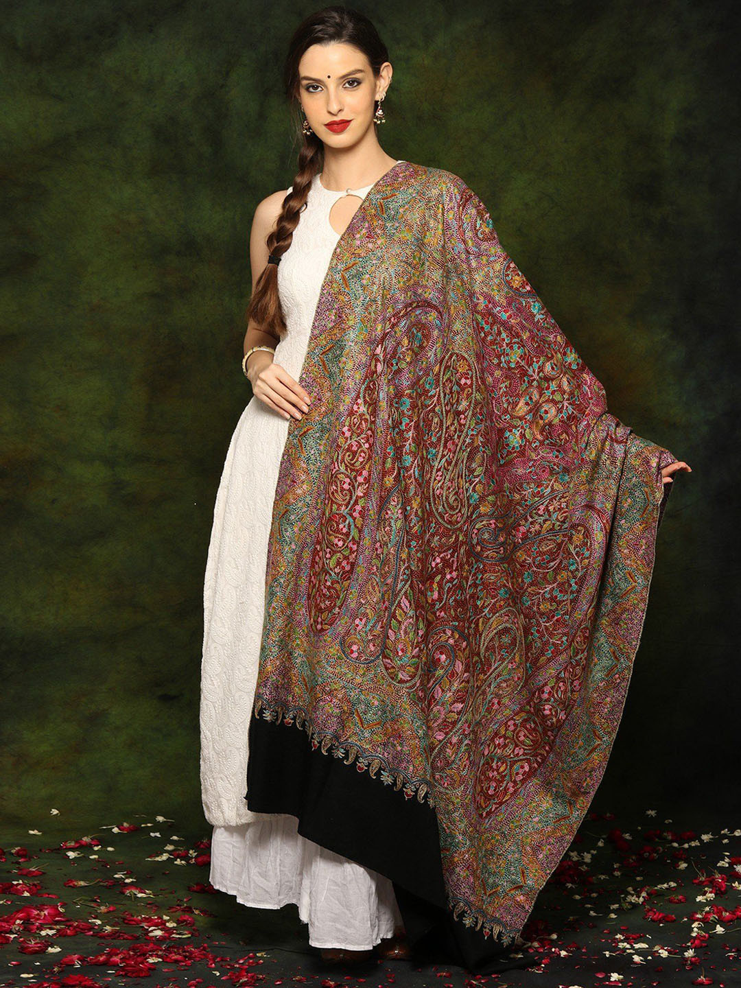 Exotic India Pure Pashmina Black Paper Mache Heavily Detailed Embroidered Kashmiri Shawl