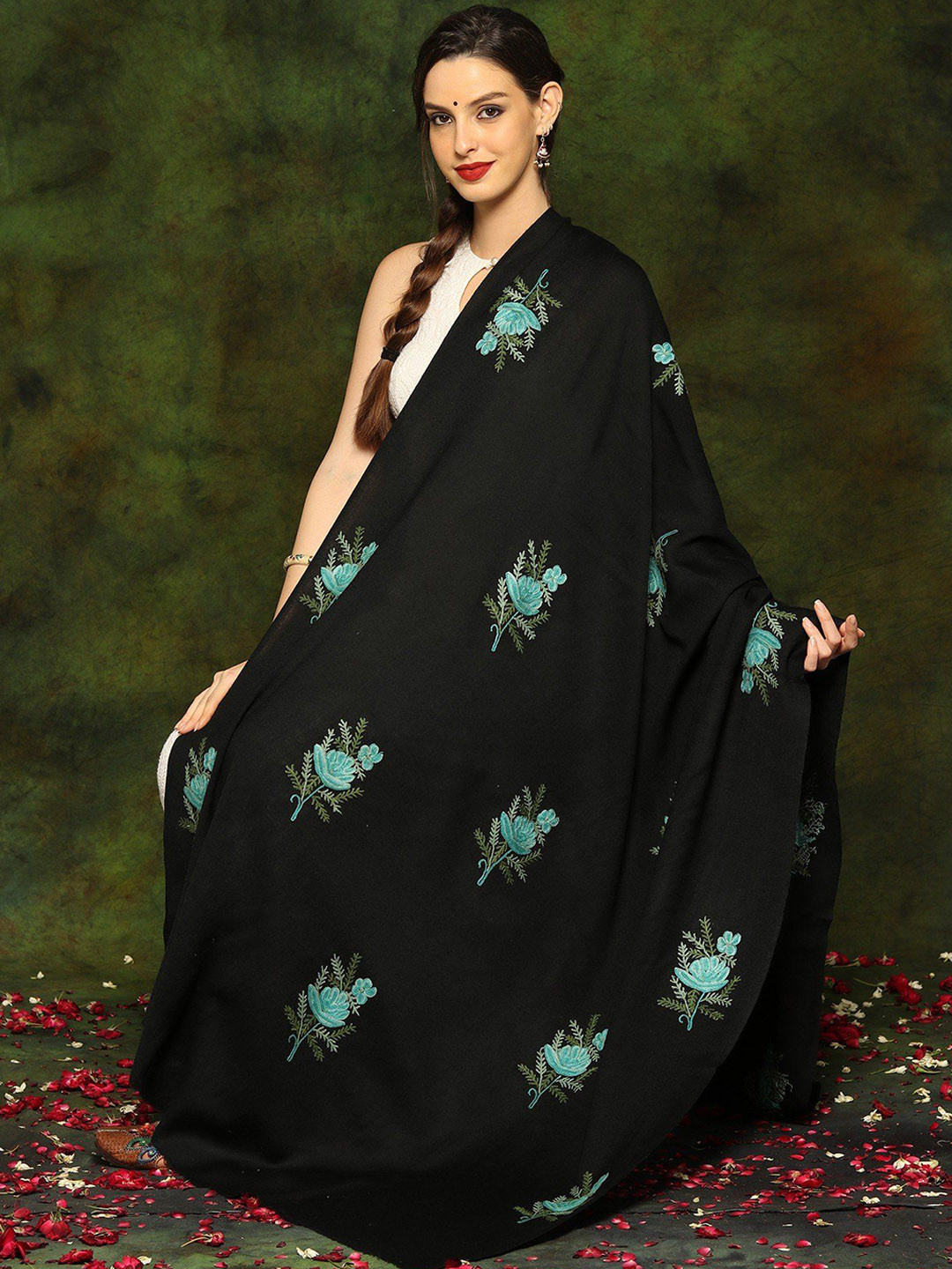 Exotic India Black and Turquoise Woolen Shawl with Detailed Floral Aari Butta Embroidery