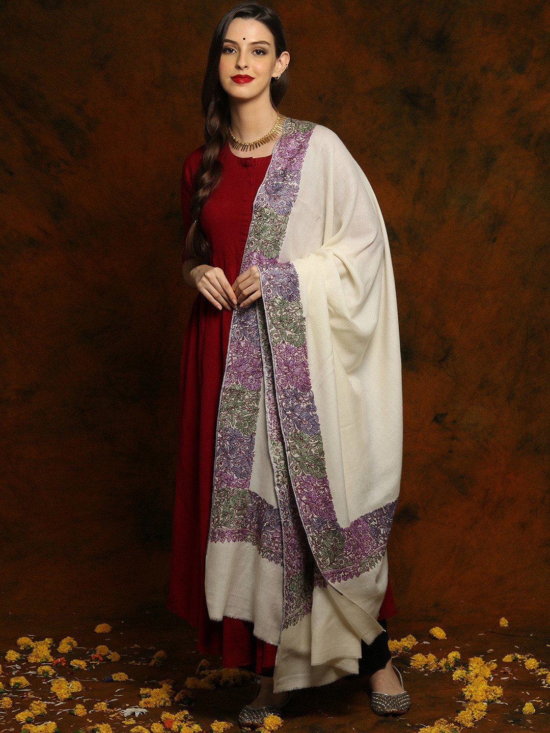 Exotic India Off White Fine Wool Floral Fine Embroidered Border Shawl