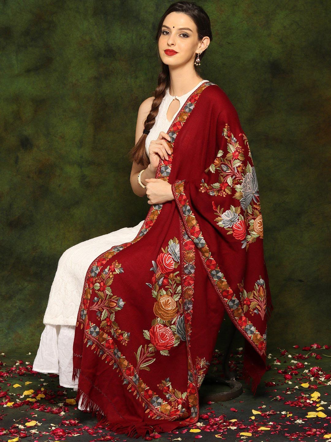Exotic India Maroon Floral Aari Embroidered Border Pure Woolen Shawl