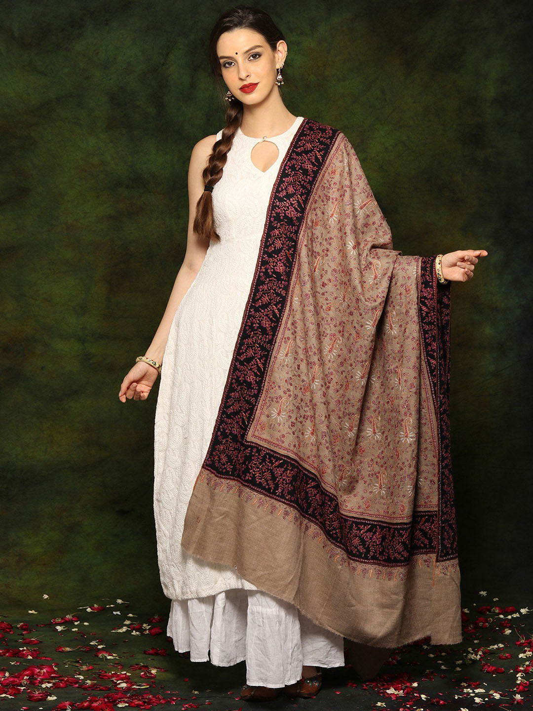 Exotic India Pure Pashmina Sozni Embroidered Natural Color Kashmiri Shawl