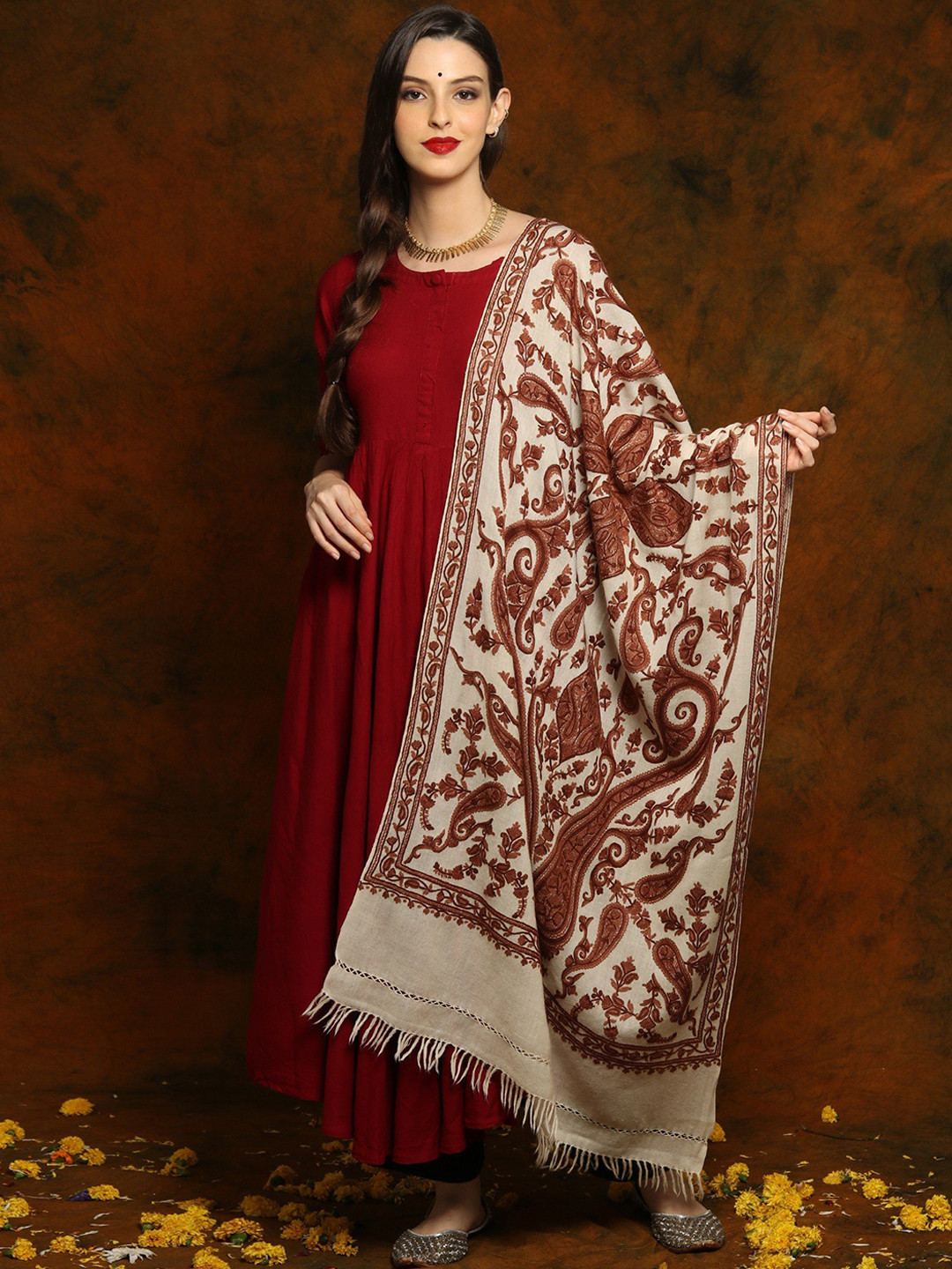 Exotic India Cream Colored Detailed Aari Embroidered Fine Wool Shawl