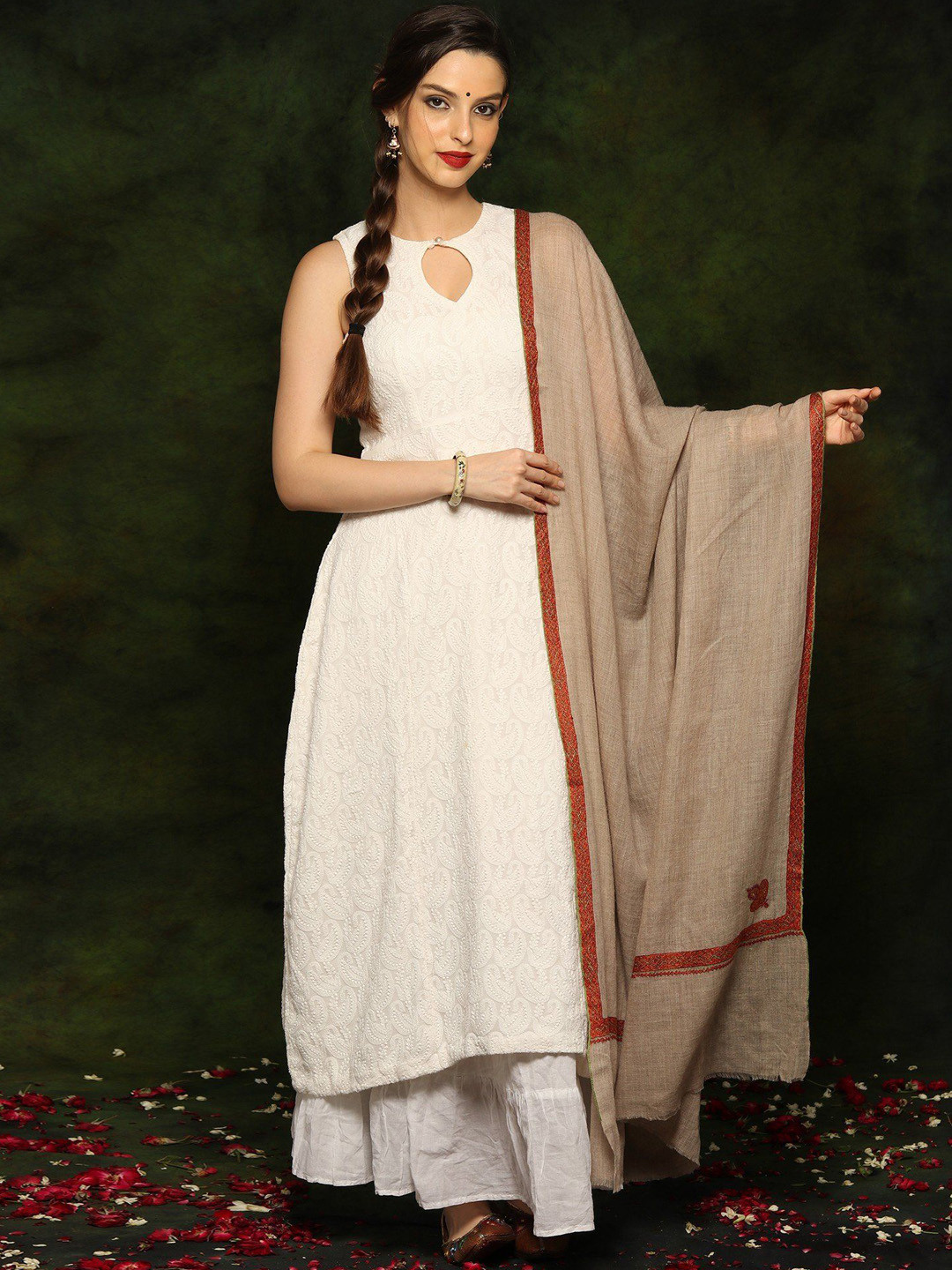 Exotic India Pure Pashmina Natural Color Sozni Border Kashmiri Shawl