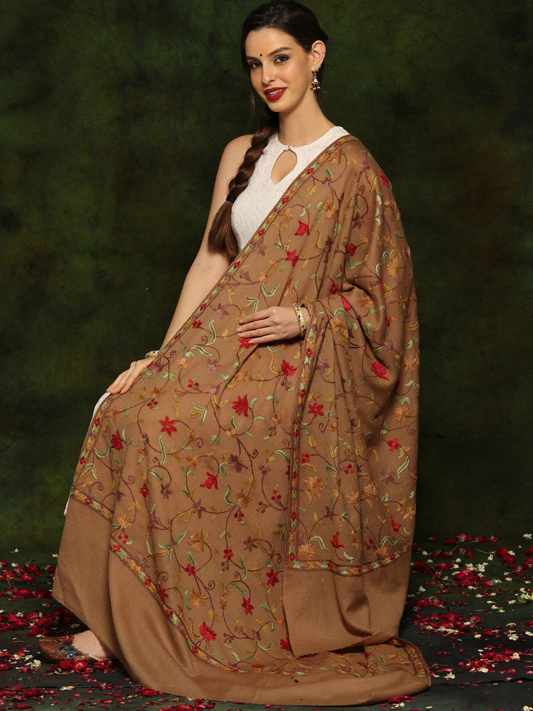 Exotic India Khaki Brown Paisley Aari Embroidered Fine Woolen Kashmiri Shawl