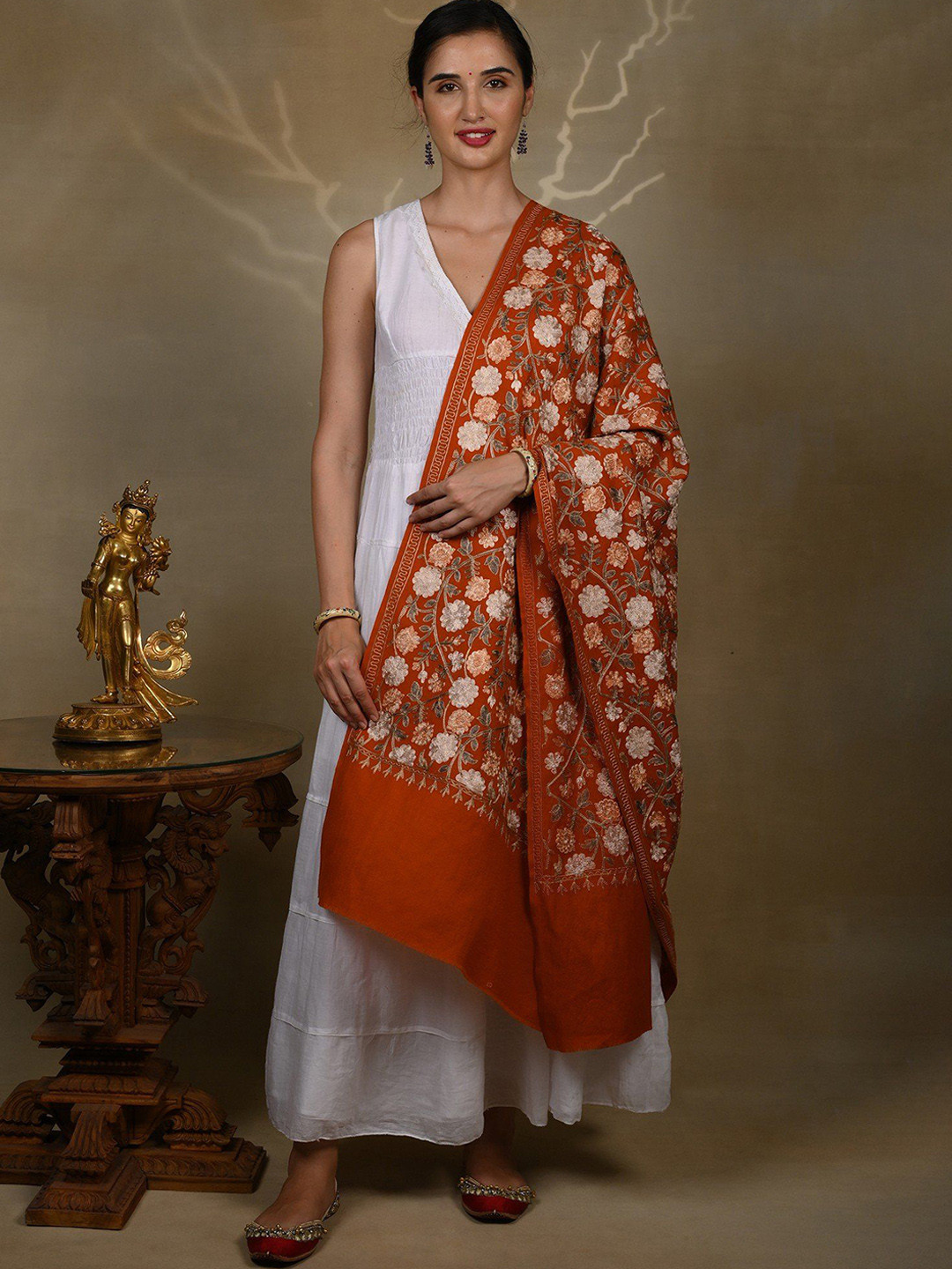 Exotic India Rust Orange Pure Wool Detailed Big Floral Aari Threadwork Kashmiri Shawl
