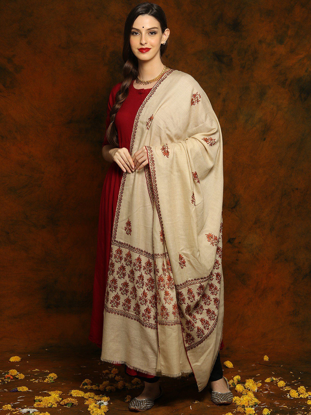 Exotic India Cream Colored Sozni Floral Fine Embroidered Pashmina Shawl with Rich Palla