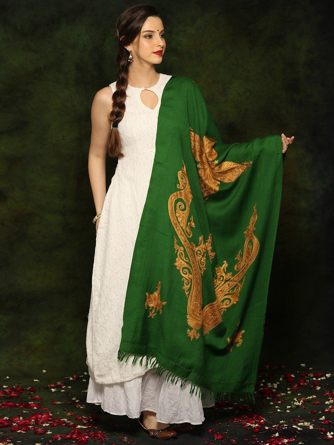 Exotic India Emerald Green Fine Woolen Paisley Aari Embroidered Shawl