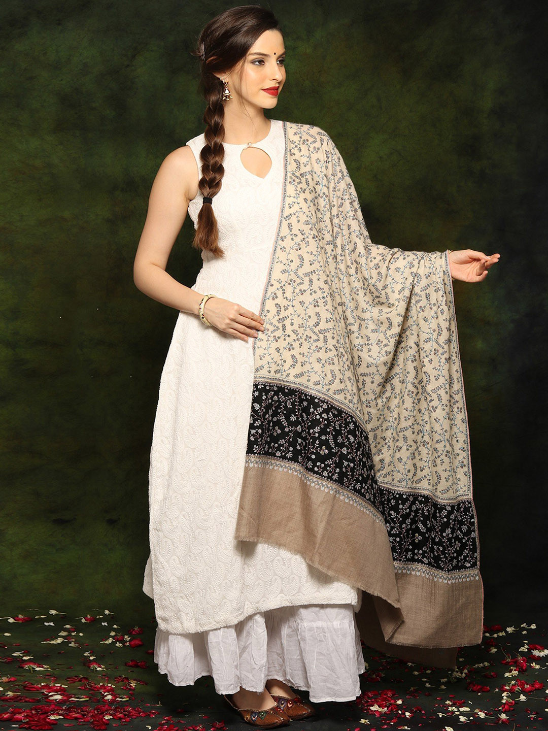 Exotic India Pure Pashmina Sozni Embroidered Natural Color Palledar Kashmiri Shawl