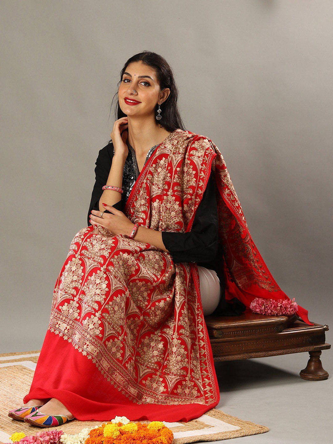Exotic India Red Pure Wool Chain Stitch Aari Embroidered Mughal Motif Shawl