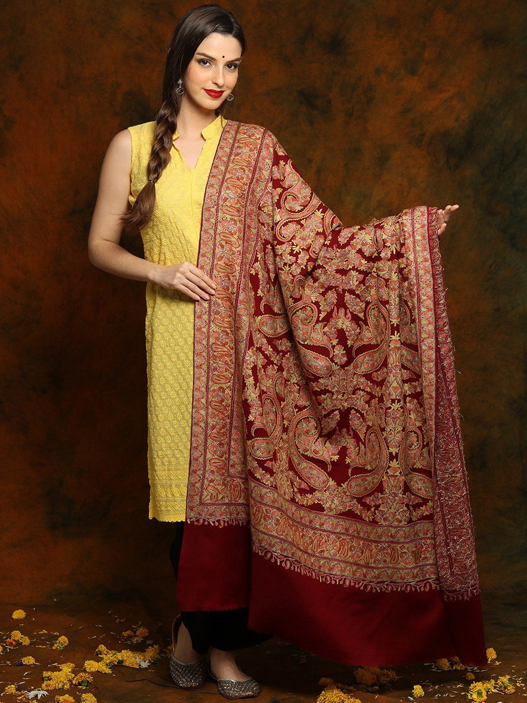 Exotic India Maroon Heavily Detailed Floral Aari Embroidered Pashmina Shawl