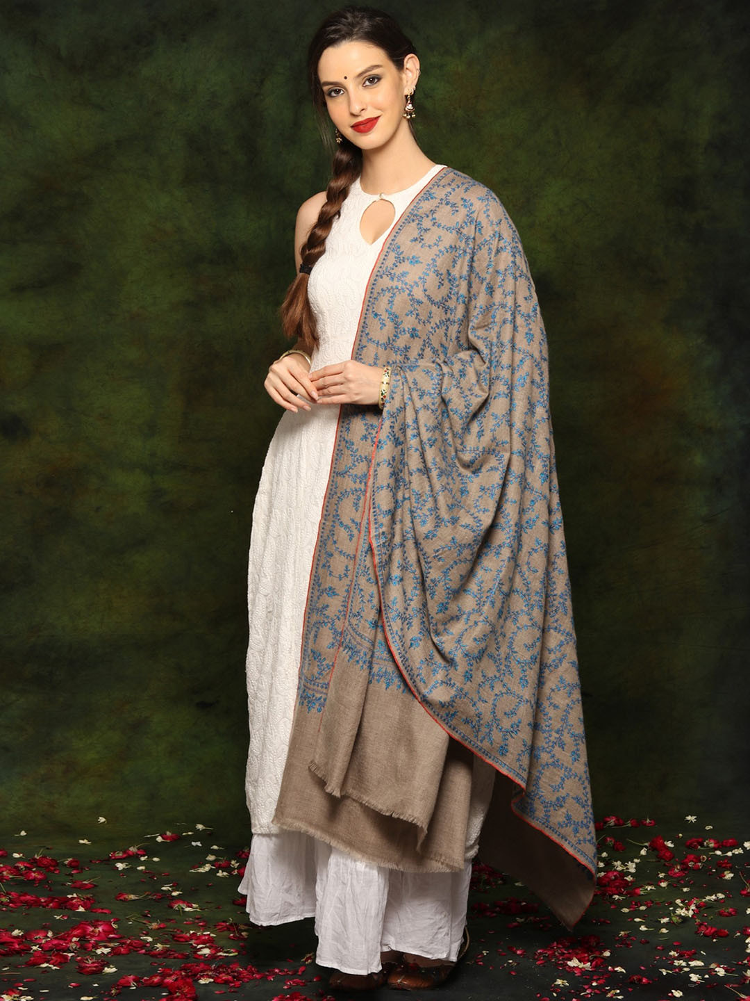 Exotic India Pure Pashmina Sozni Embroidered Natural Color Kashmiri Shawl
