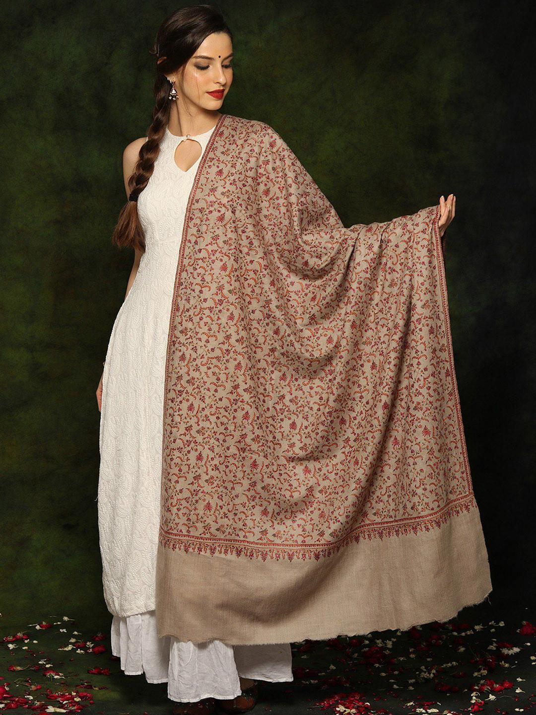 Exotic India Pure Pashmina Natural Color Sozni Embroidered Kashmiri Shawl