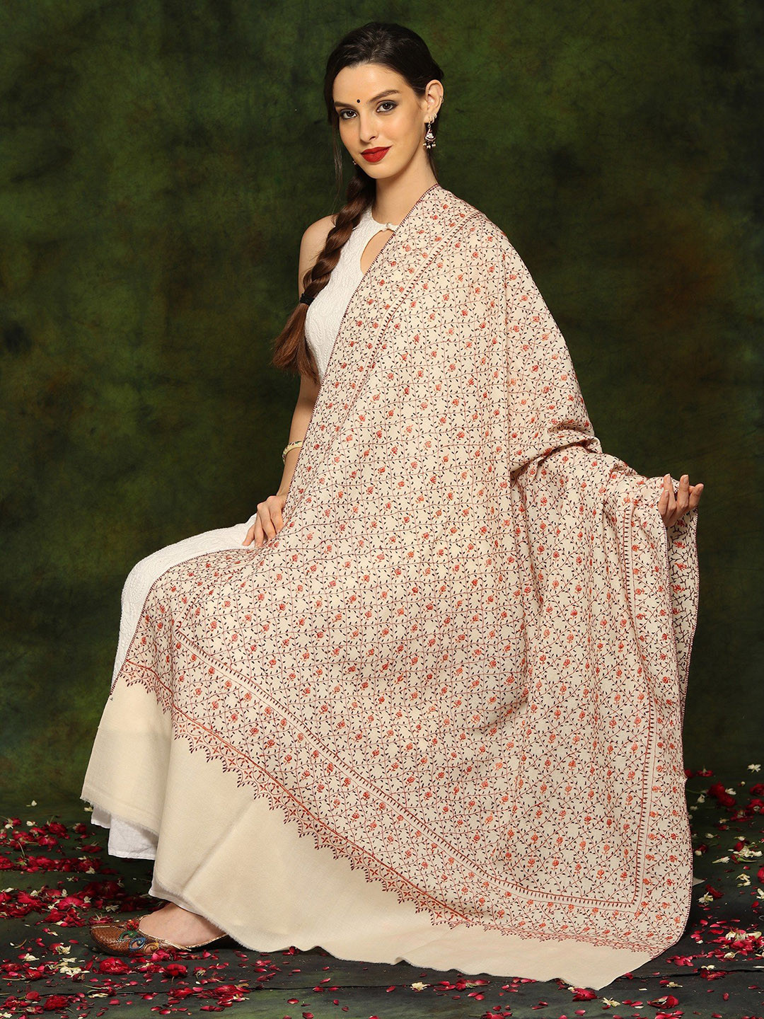Exotic India Off White Pure Woolen Detailed Floral Threadwork Shawl