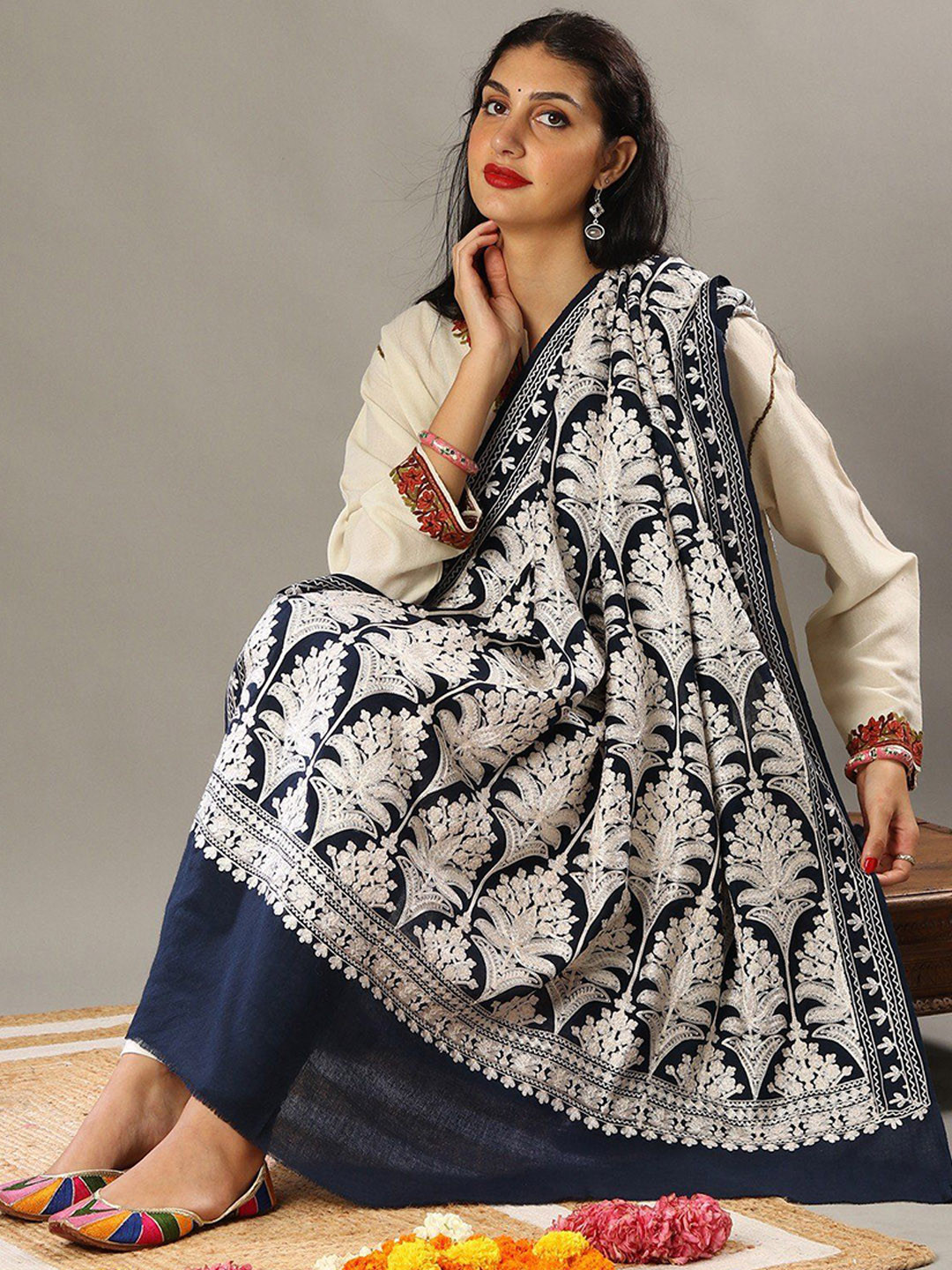 Exotic India Navyblue Pure Wool Chain Stitch Aari Embroidered Mughal Motif Shawl