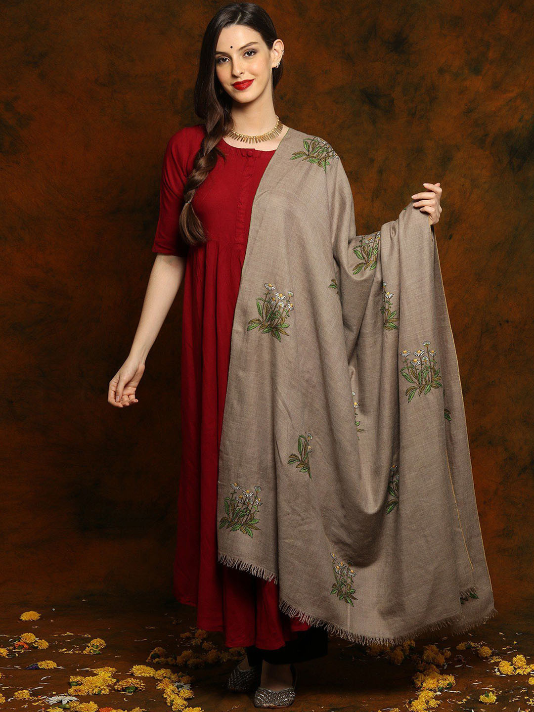Exotic India Dark Grey Sozni Floral Fine Mural Embroidered Pashmina Shawl