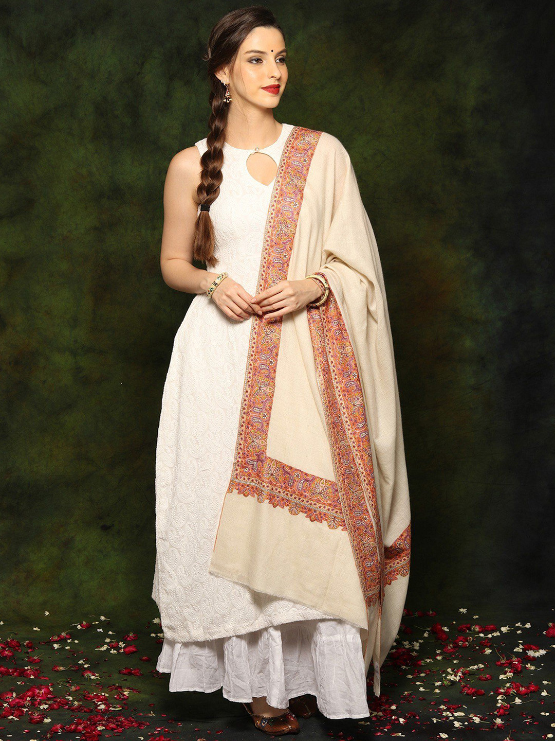 Exotic India Off White Pure Pashmina Sozni Detailed Embroidered Border Kashmiri Shawl