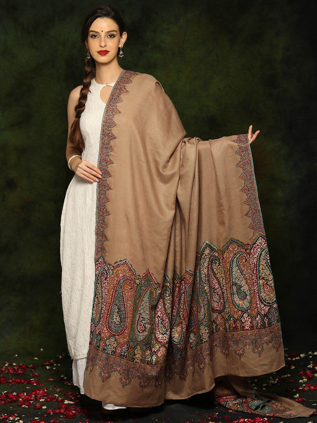 Exotic India Pure Pashmina Sozni Embroidered Natural Color Palledar Kashmiri Shawl