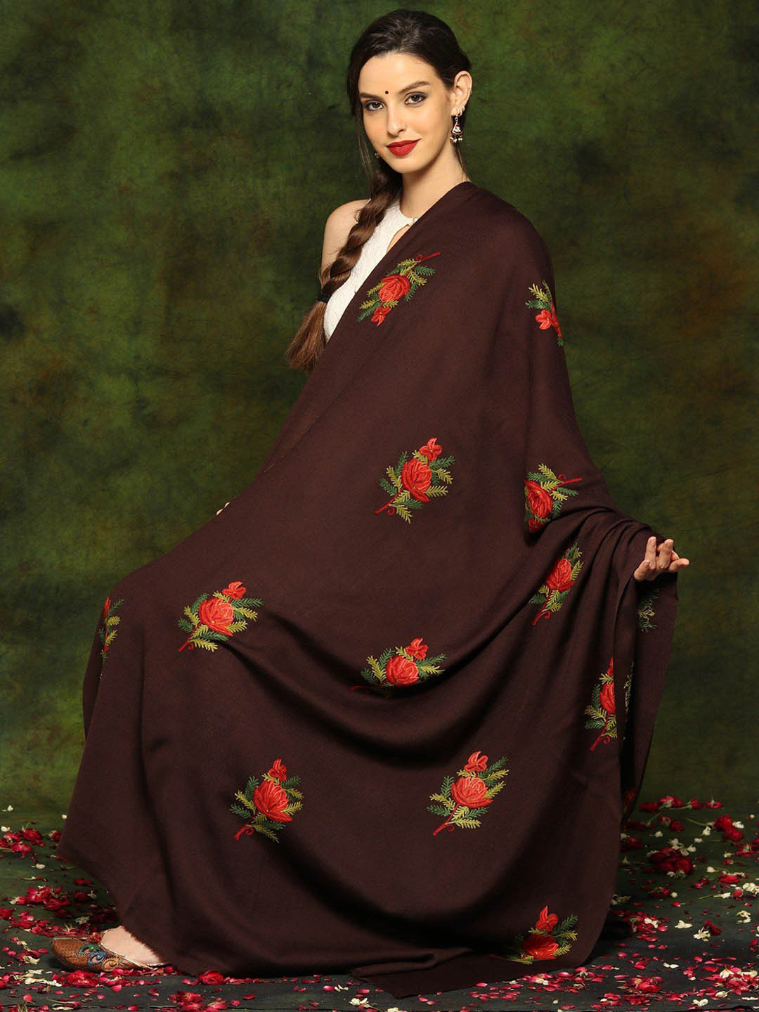 Exotic India Dark Wine & Red Woolen Shawl with Detailed Floral Aari Butta Embroidery