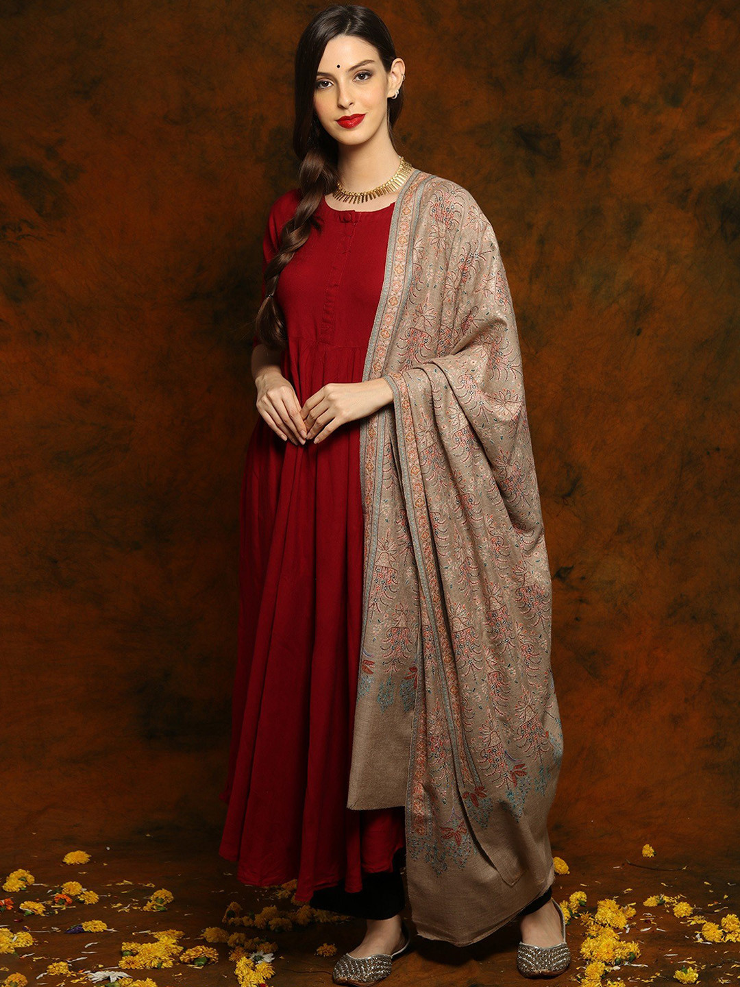 Exotic India Grey Pure Ladakh Pashmina Shawl with Sozni Floral Fine All Over Embroidery