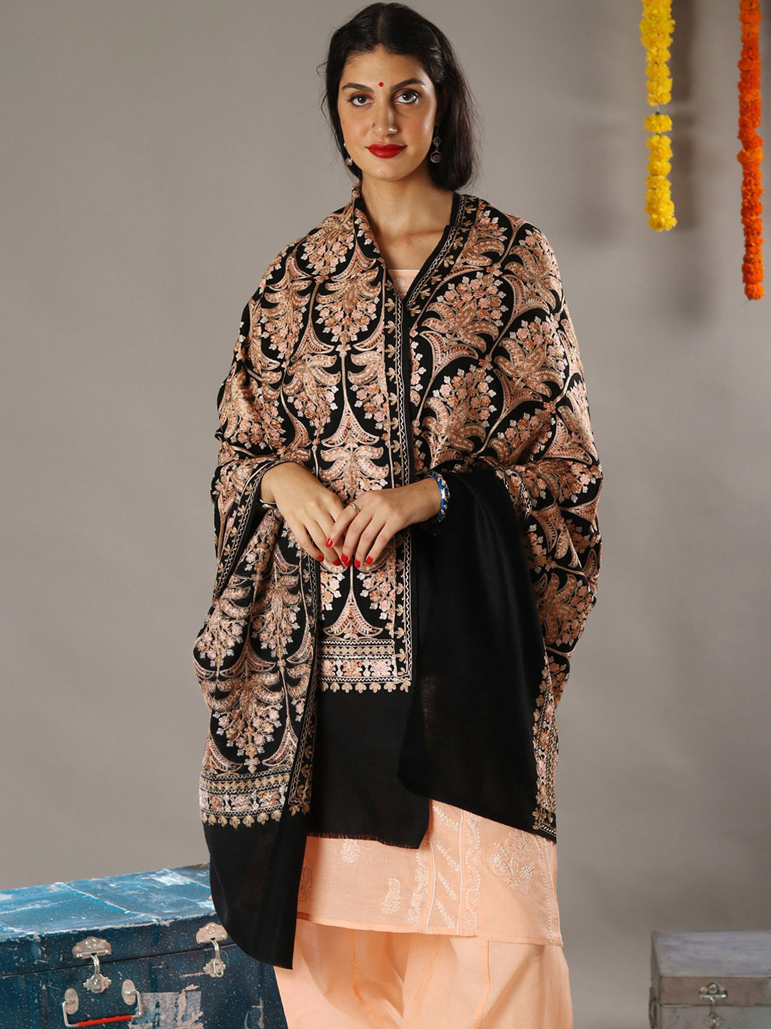 Exotic India Black Pure Wool Chain Stitch Aari Embroidered Mughal Motif Shawl