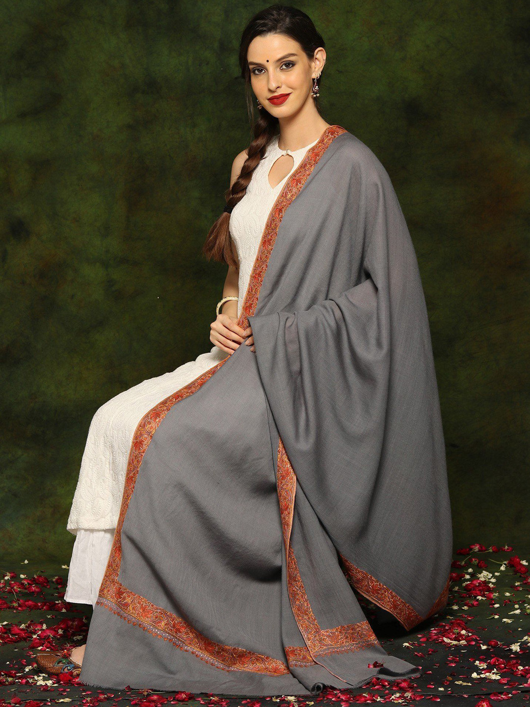 Exotic India Grey Fine Woolen Sozni Embroidered Border Shawl