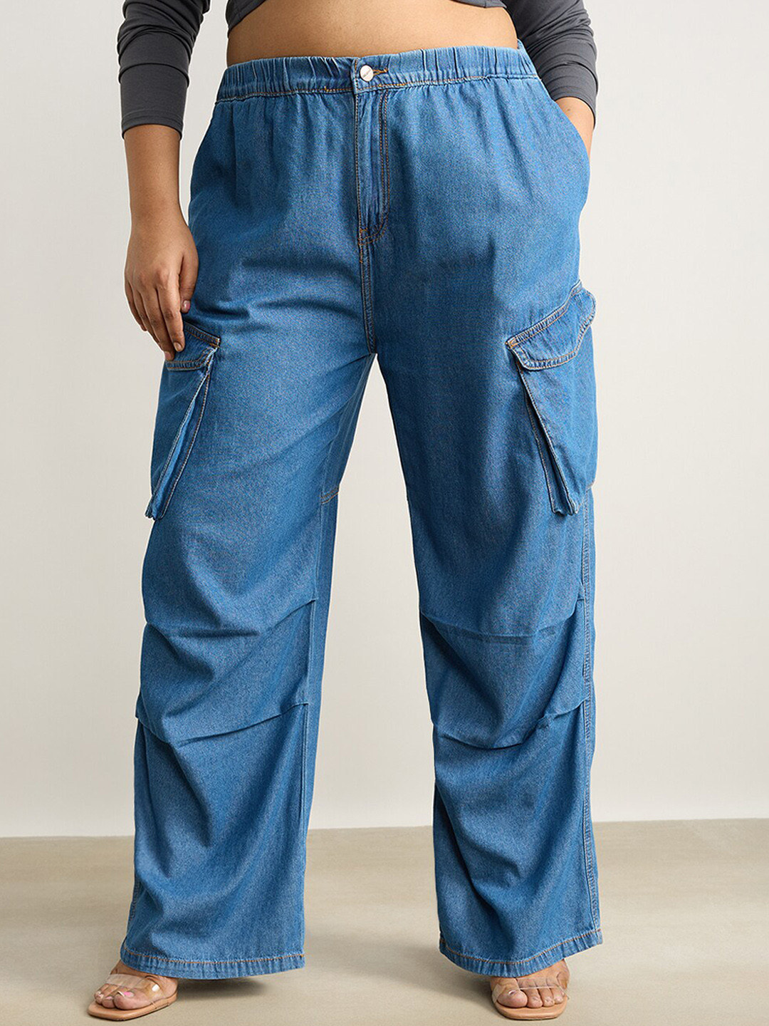 FREAKINS Women Breezy Pleats Plus Size Straight Fit High-Rise Cotton Cargo Jeans