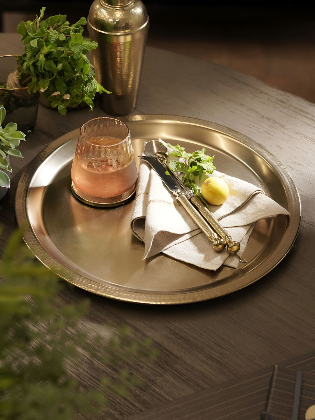 Pure Home and Living Beige Hammered Textured Matte Finish Round Metal Serving Tray