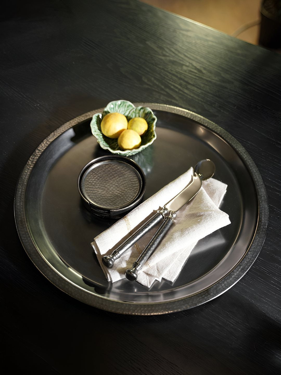 Pure Home and Living Grey Hammered Textured Matte Finish Round Metal Serving Tray