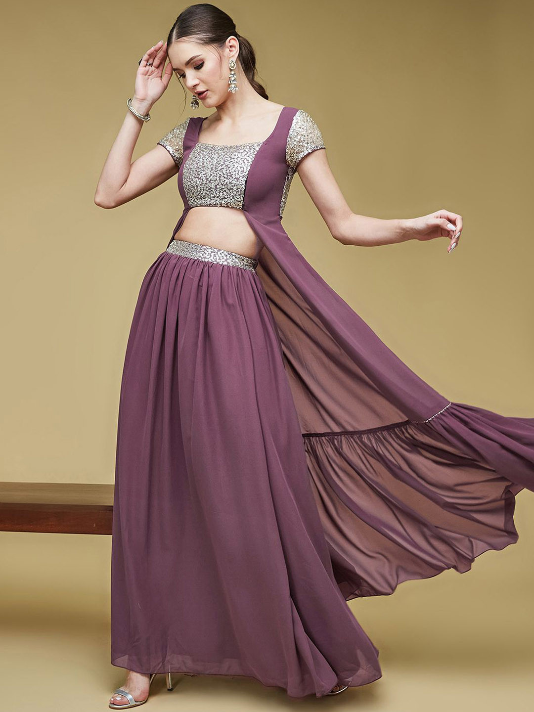 Life With Pockets Embellished Square Neck Short Sleeves Party Top With Skirt