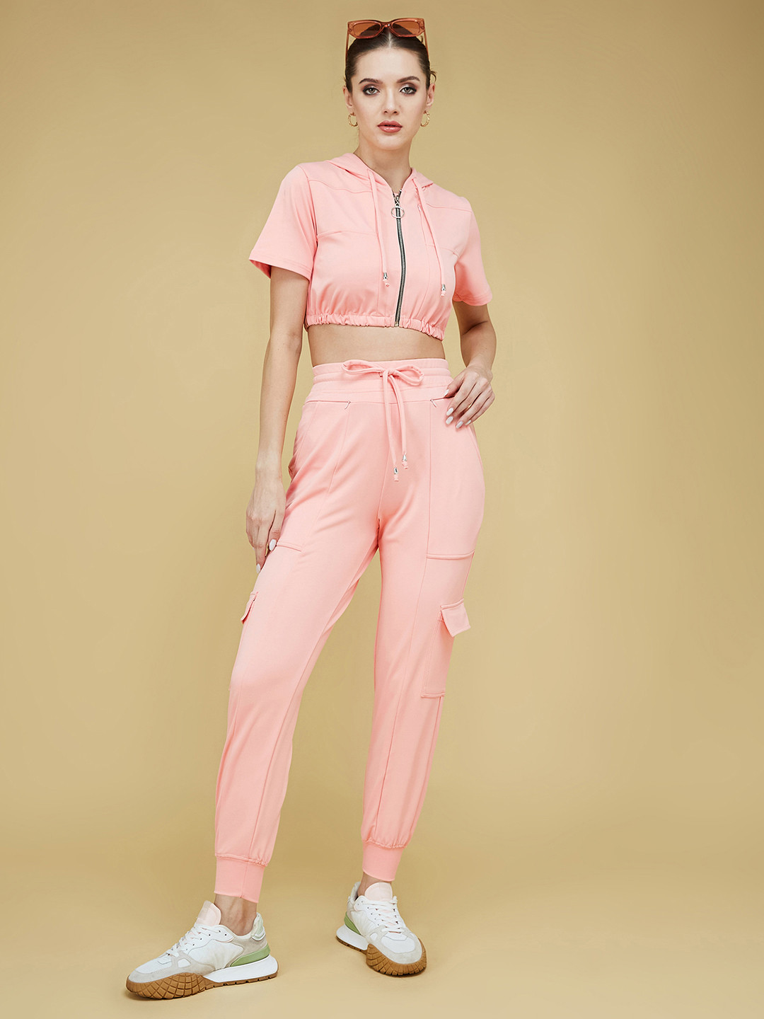 Life With Pockets Hood Neck Short Sleeves Zip Detailing Casual Crop Top and joggers