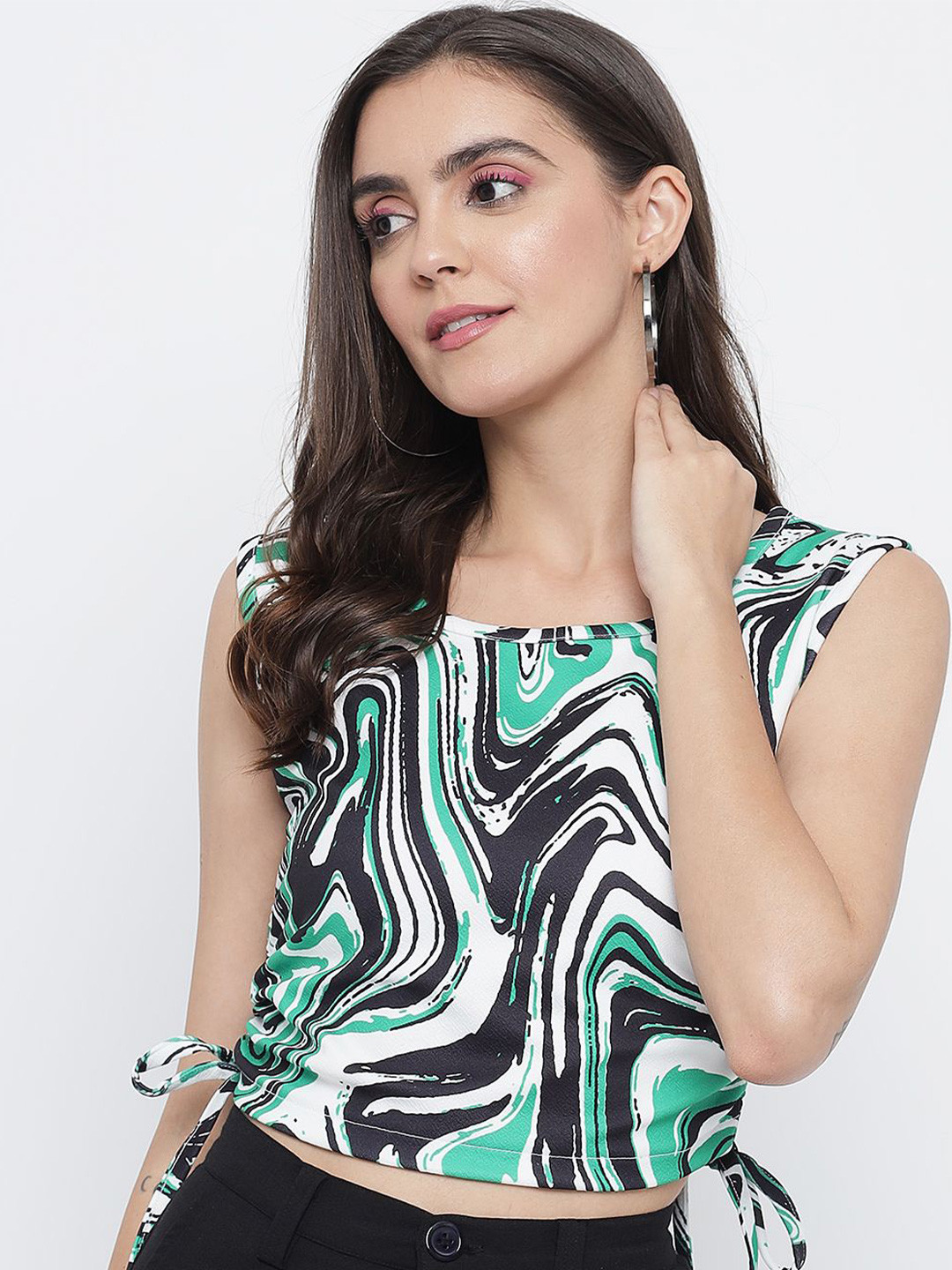 TANDUL Abstract Printed Ruched Crop Top