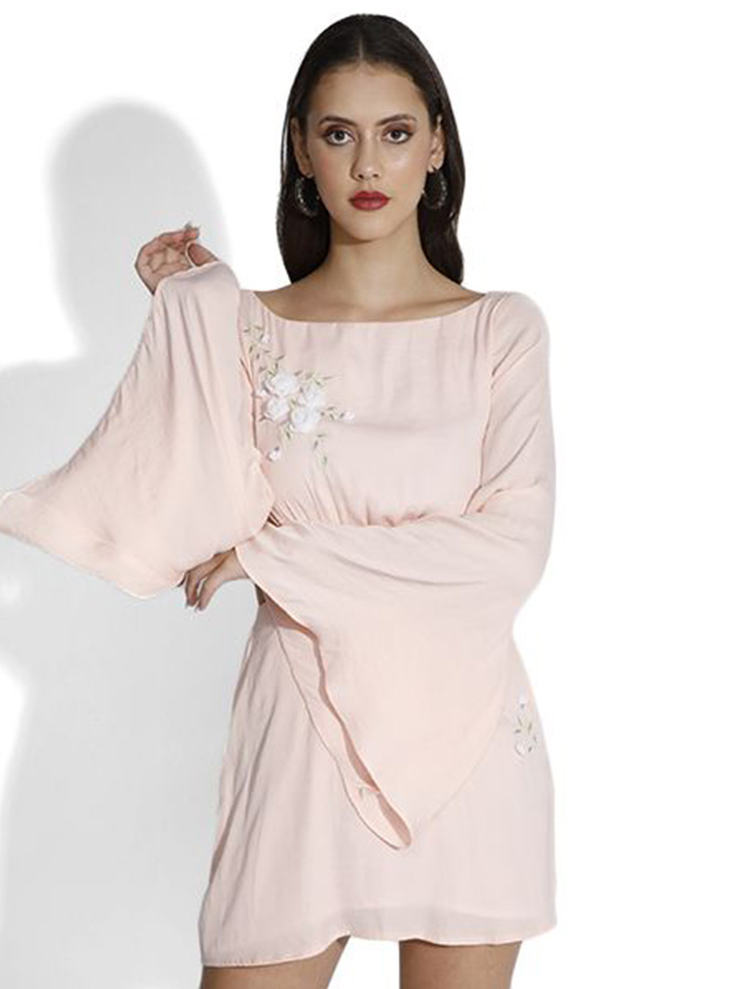 SAMMYUKK Boat Neck Long Flared Sleeves Floral Embroidered Satin A-Line Mini Dress