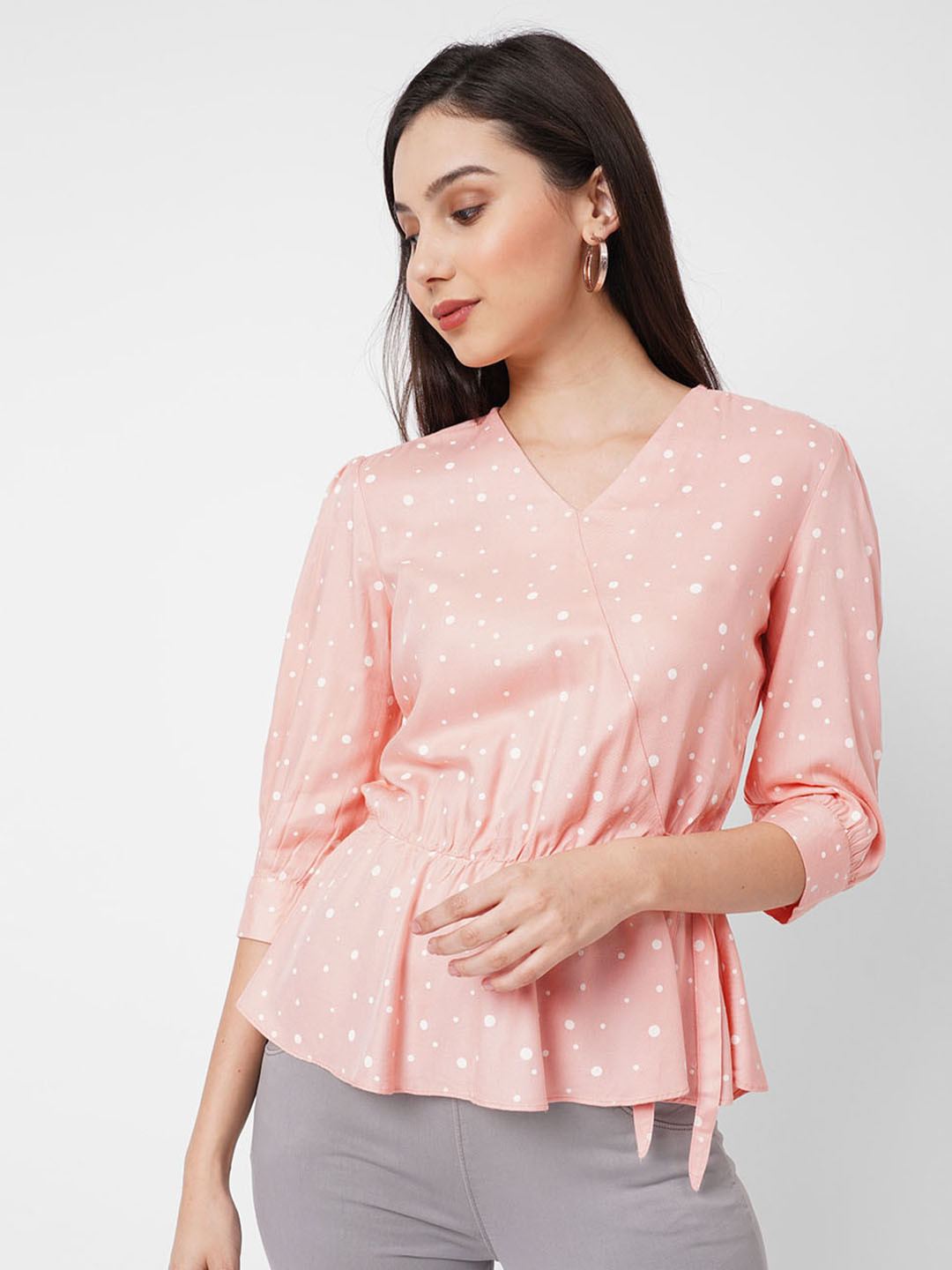 Kraus Jeans Geometric Printed V-Neck Cinched Waist Top