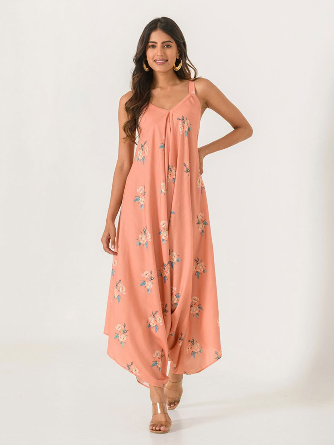 Pasha Printed Shoulder Straps Waist Tie-Ups Palazzo Jumpsuit