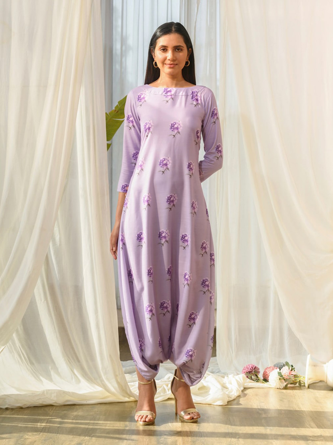 Pasha Floral Printed Boat Neck A-Line Maxi Jumpsuit Ethnic Dress