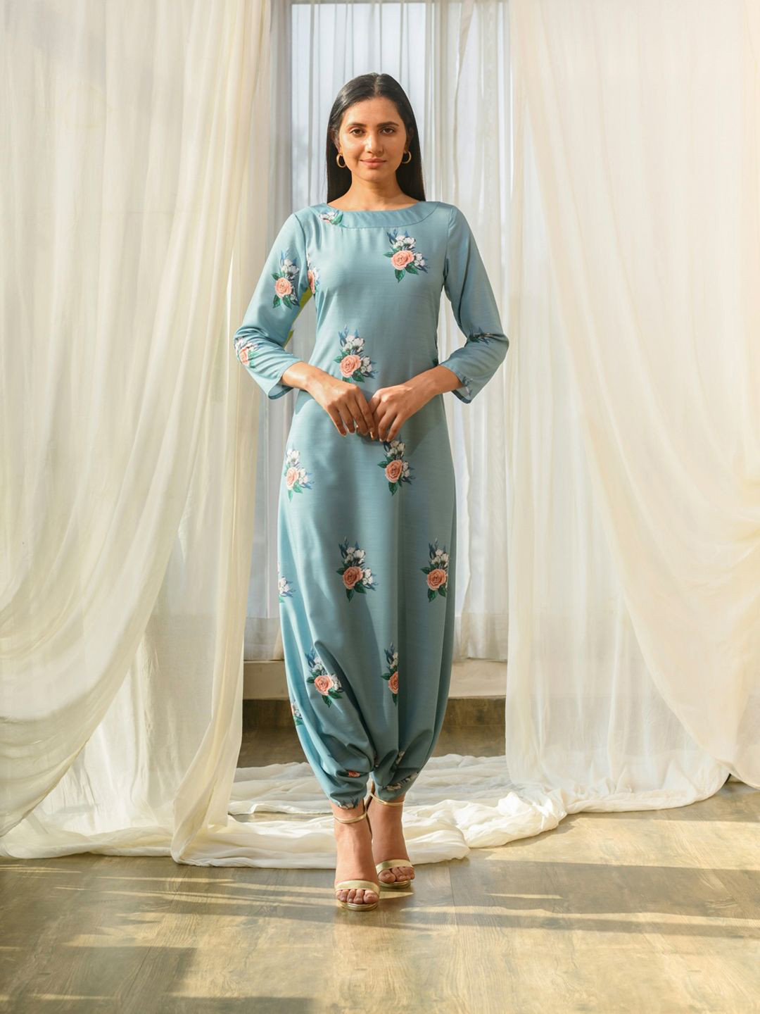 Pasha Floral Printed Boat Neck A-Line Maxi Jumpsuit Ethnic Dress