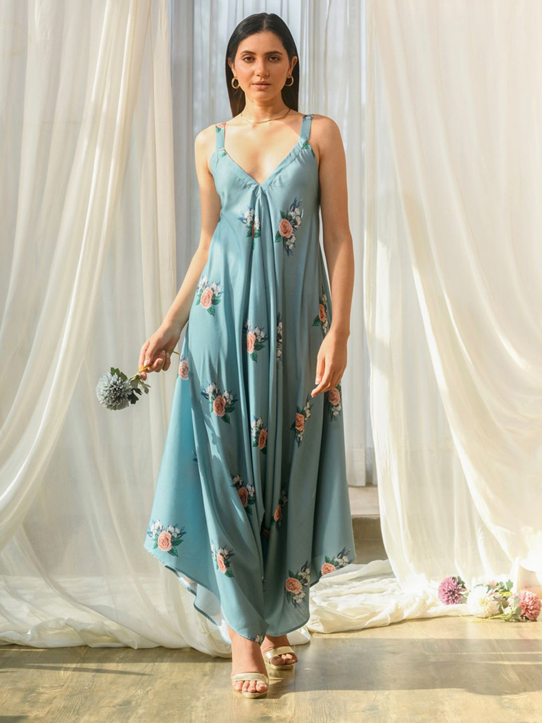 Pasha Printed Shoulder Straps Sleeveless Palazzo Jumpsuit