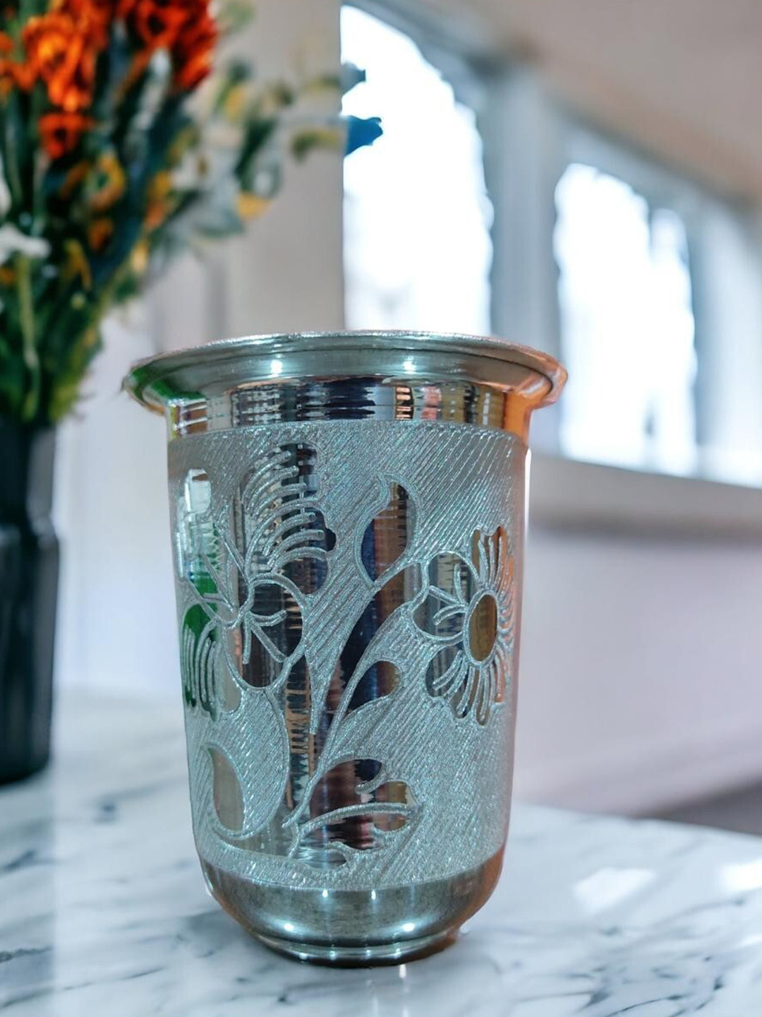 Sigaram Silver toned Textured German Silver Pooja Glass